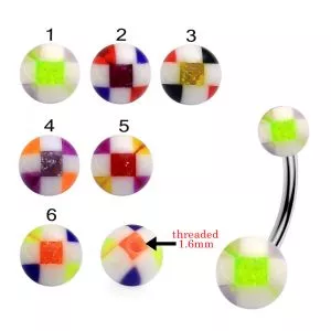 316L Surgical Steel Banana Belly Bar With Checked Design UV Balls