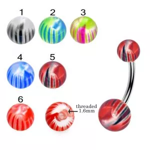 316L Surgical Steel Banana Belly Bar With Multi Stripes Colorful UV Balls
