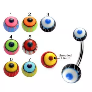 316L Surgical Steel Banana Belly Bar With Colorful Eye Ball Design UV Balls
