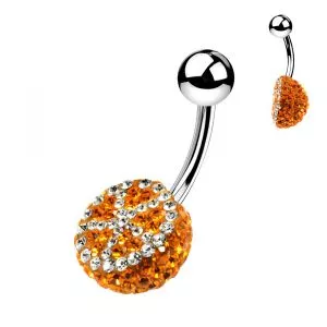 316L Surgical Steel Orange and White Color Design Crystal Stone Half Ball With Banana Belly Ring