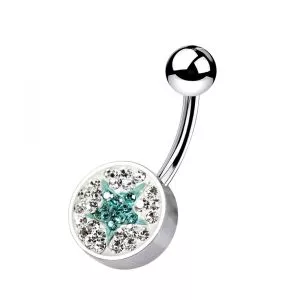 316L SS Blue Star And White Crystal stone Jeweled Curved Navel Ring With Steel Base