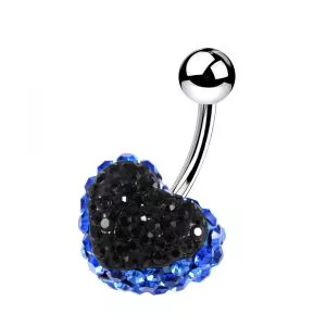 316L Surgical Steel Blue Crystal stone With Black Heart Crystal Curved Bar Navel Ring