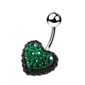 SS Black Crystal stone With Green Heart Crystal Curved Banana Bar Navel Ring