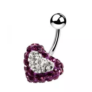 316L SS Purple Crystal stone With White Heart Crystal Curved Banana Bar Navel Ring