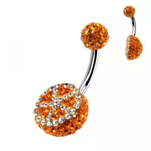 Orange and White Color  Design Crystal Stone Half Ball With SS Banana Bar Belly Ring