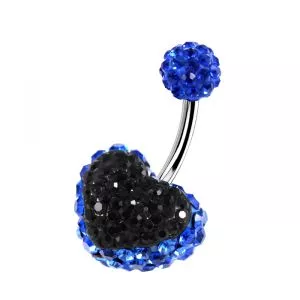 Blue Crystal stone With Black Heart Crystal SS Curved Bar Navel Ring