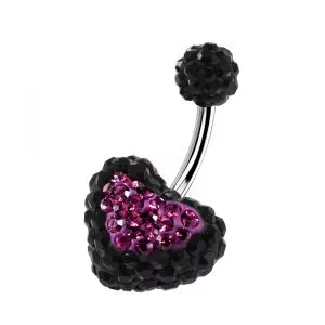 Black Crystal stone Heart With Purple Crystal SS Curved Bar Navel Ring