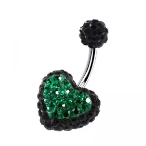 Black Crystal stone With Green Heart Crystal SS Curved Bar Navel Ring
