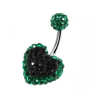 316L SS Green Crystal stone Heart With Black Crystal Curved Bar Navel Ring