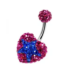 Pink Crystal stone Heart With Blue Star Crystal SS Curved Bar Navel Ring