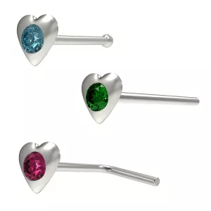 Cute Single Jeweled Heart 925 Sterling Silver Nose Pin