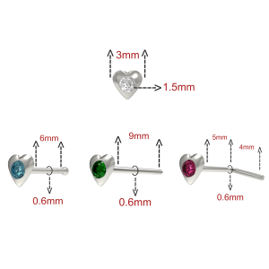 Cute Single Jeweled Heart 925 Sterling Silver Nose Pin