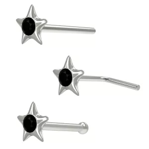 Pentagon Embossed Star Shaped Single Stoned Rhinestone Jeweled 925 Sterling Silver Nose Pin