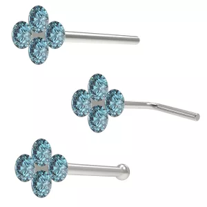 Clear Stone and Other Colors Clover Shaped Four Stoned Rhinestone Jeweled 925 Sterling Silver Nose Pin