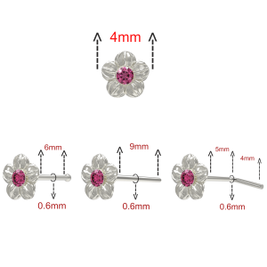 Embossed Five Petal Flower Shaped Single Stoned Rhinestone Jeweled 925 Sterling Silver Nose Pin