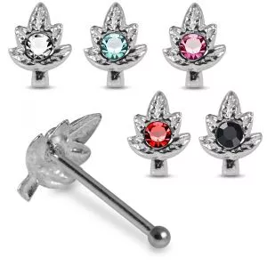 Sparkling Cannabis Gem-Encrusted Marijuana Leaf 925 Sterling Silver Nose Stud