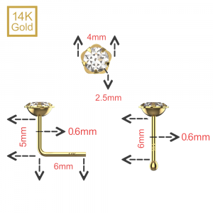 14K Gold Jeweled Flower Ball end and L-Bend Nose Stud