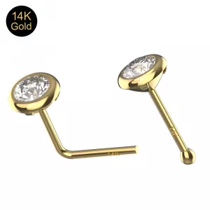 14K Gold 3mm round CZ in Bezel set Ball end and L-Bend Nose Stud
