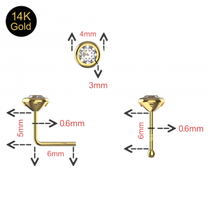 14K Gold 3mm round CZ in Bezel set Ball end and L-Bend Nose Stud