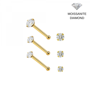 14K Solid Yellow Gold Brilliant Moissanite Diamond Claw-Set Ball end Nose Pin (22G)