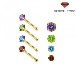 14K solid yellow gold ball end nose pin featuring a 4-prong claw-set natural purple Amethyst stone.
