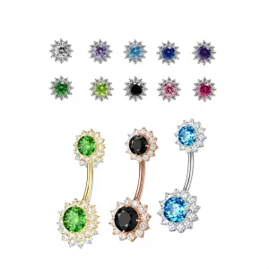 925 Sterling Silver Fancy CZ Gemstone Studded Flower Belly Button Ring