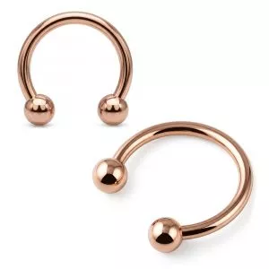 Rose Gold PVD 316L surgical steel external thread horseshoe circular barbell with polished removable ball ends.