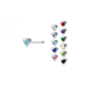 Cute Single Jeweled Heart 925 Sterling Silver Ball end Nose Pin