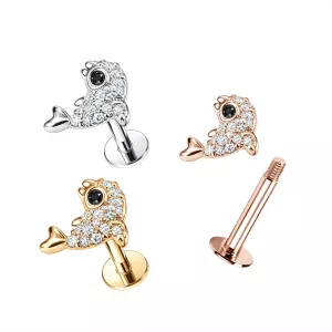 CZ Jeweled Dolphin Internally Threaded Surgical Steel Labret Piercing
