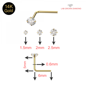 14K Prong Set Round Lab Grown Diamond Fixed L-Bend Nose Stud