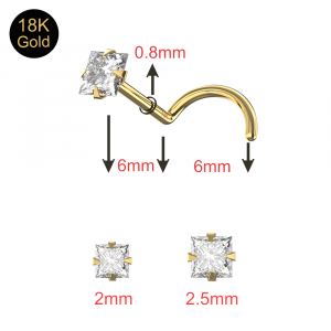 18K Gold Square Cubic Zirconia Nose Screw Wholesale Piercing Jewelry