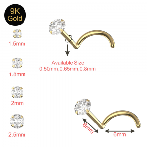 9K Gold Round CZ Jeweled Nose Screw Piercing