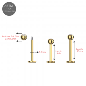 G23 Grade Titanium Gold Anodized Labret with Flat Cubic Zirconia Ball
