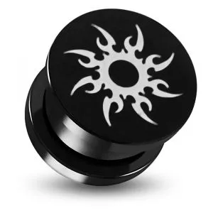 Black Anodized Aluminium Internally Threaded Tribal Sun Logo Flesh Tunnel