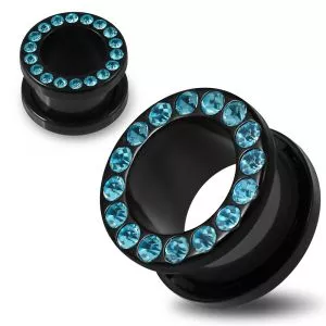 Multi Aqua Marine Crystal Stone on Black UV Acrylic Screw Fit Flesh Tunnel Ear Piercing