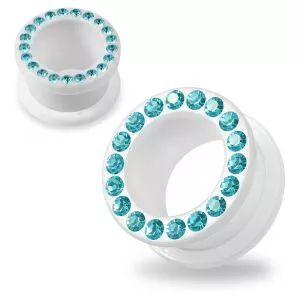 Multi Aqua Marine Crystal Stone on White UV Acrylic Screw Fit Flesh Tunnel Ear Piercing