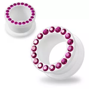 Multi Fuchsia Crystal Stone on White UV Acrylic Screw Fit Flesh Tunnel Ear Piercing
