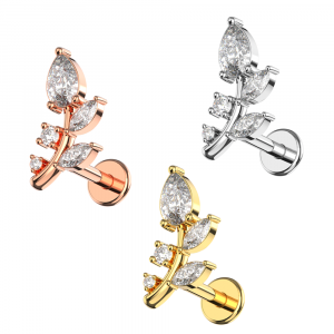 316L Surgical Steel CZ Stone Leaf Design Internally Threaded Top with Flat Back Labret
