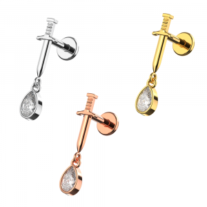 316L Surgical Steel Dagger with Dangling Tear Drop Top with Flat Back Labret