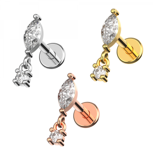 316L Surgical Steel CZ Marquise Dangling Flat Back Labret
