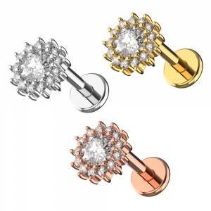 316L Surgical Steel Zirconia Flower Design Internally Threaded Top with Flat Back Labret