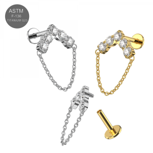 G23 Grade Titanium CZ jeweled chevron V shaped Design Internally Threaded Top with Flat Back Labret