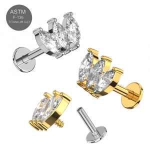 G23 Grade Titanium CZ jeweled marquise trio Design  Internally Threaded Top with Flat Back Labret