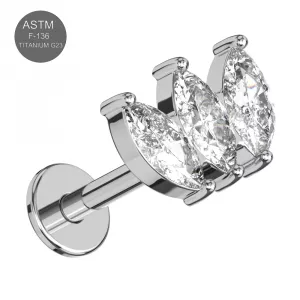 G23 Grade Titanium CZ jeweled marquise trio Design  Internally Threaded Top with Flat Back Labret