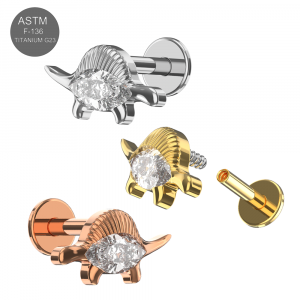 G23 Grade Titanium Stegosaurus Design CZ Jeweled  Internally Threaded Top Flat Back Labret