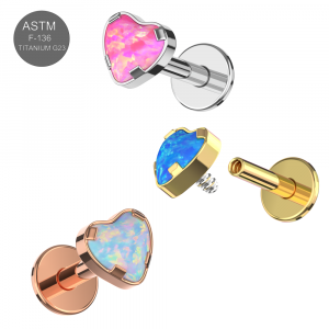 G23 Grade Titanium Heart Shape Opal Stone Internally Threaded Top With Flat Back Labret