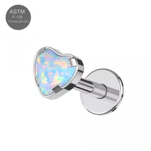 G23 Grade Titanium Heart Shape Opal Stone Internally Threaded Top With Flat Back Labret