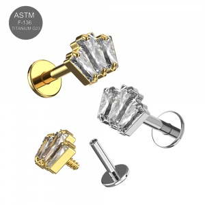 G23 Grade Titanium Triple Baguette CZ jeweled Internally Threaded Top with Flat Back Labret