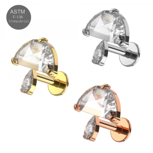 G23 Grade Titanium CZ Jeweled Mushroom Design Internally Threaded Top With Flat Back Labret