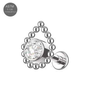 Bezel Set CZ Center with Tear Shaped Beaded Ball Edge Implant Grade Titanium Internally Threaded Labret